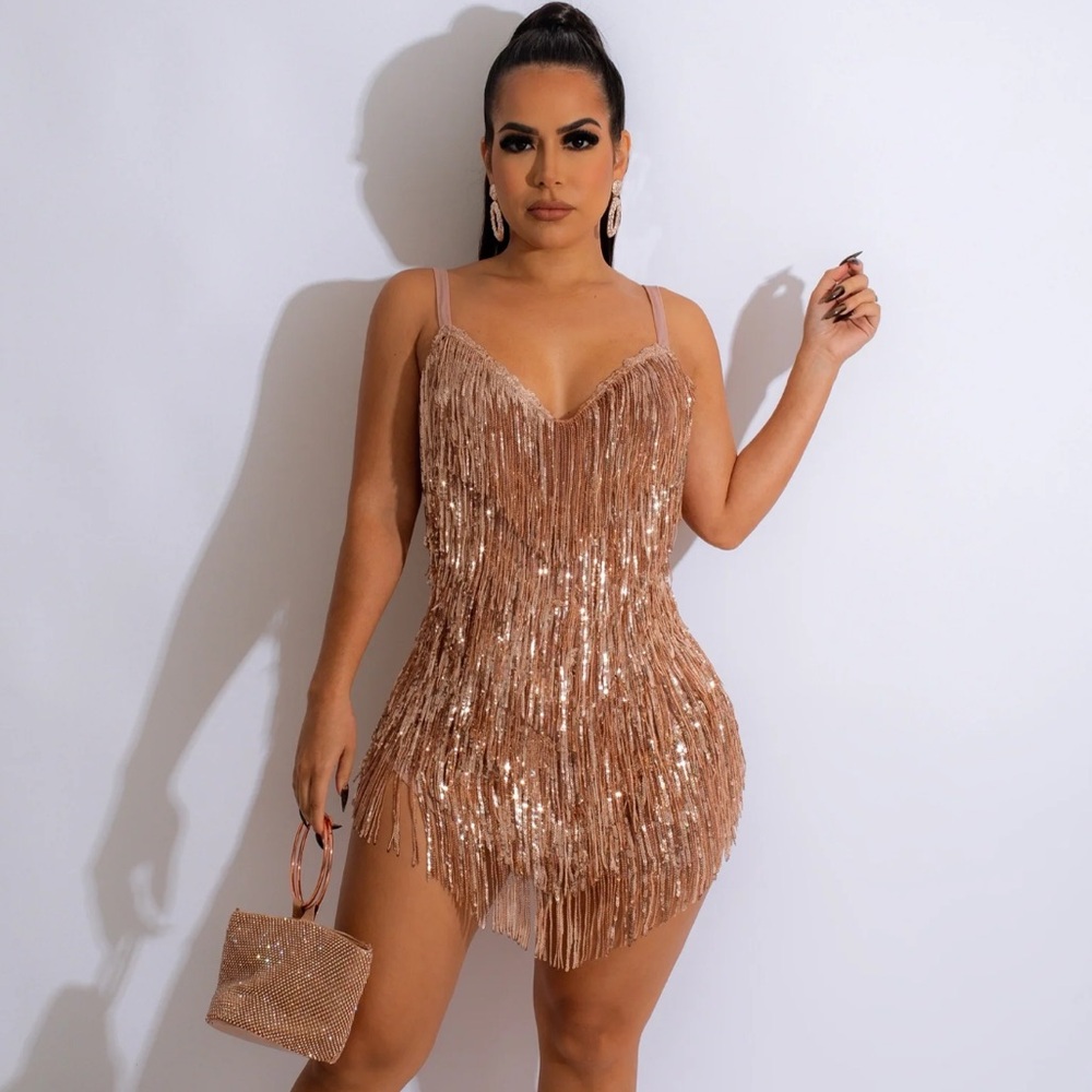 Fearless Gold Fringe Sparkly Dress